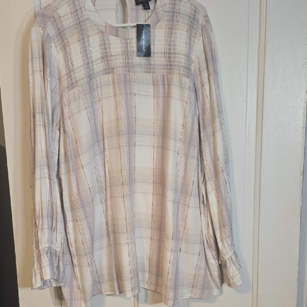 Lane Bryant Neutral Plaid Long-Sleeve Blouse - Cream Taupe